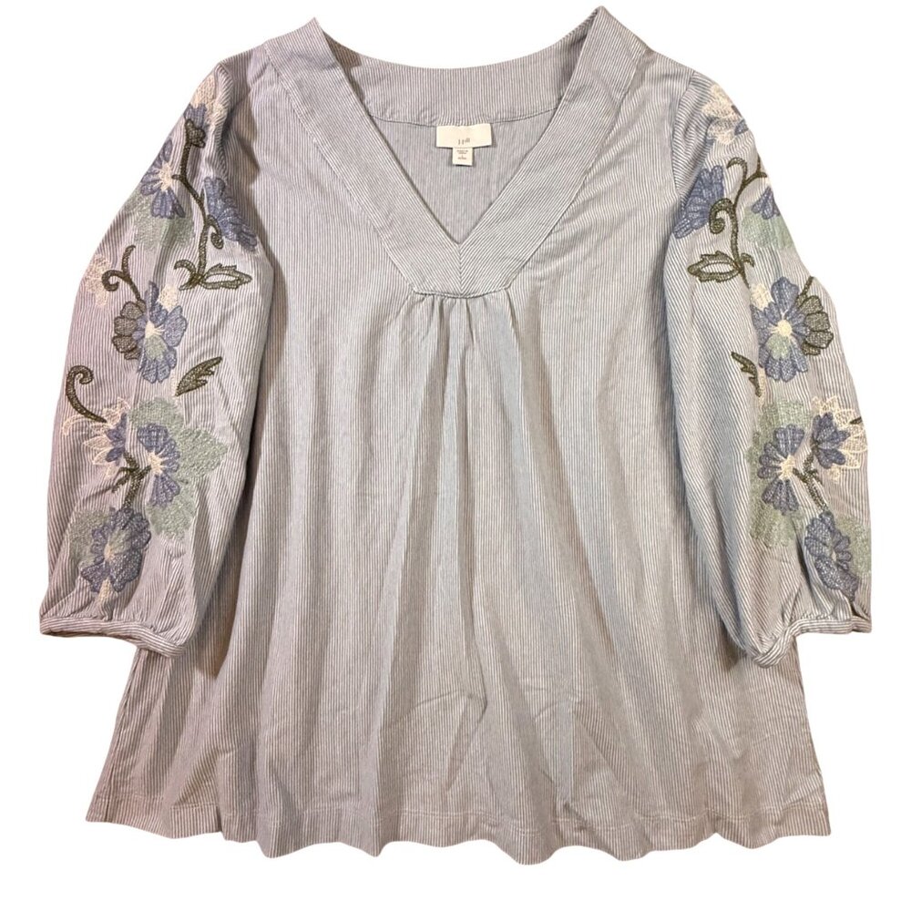J.Jill Blue White Striped Embroidered Floral Blouse L Petite Cotton 3/4 Sleeve